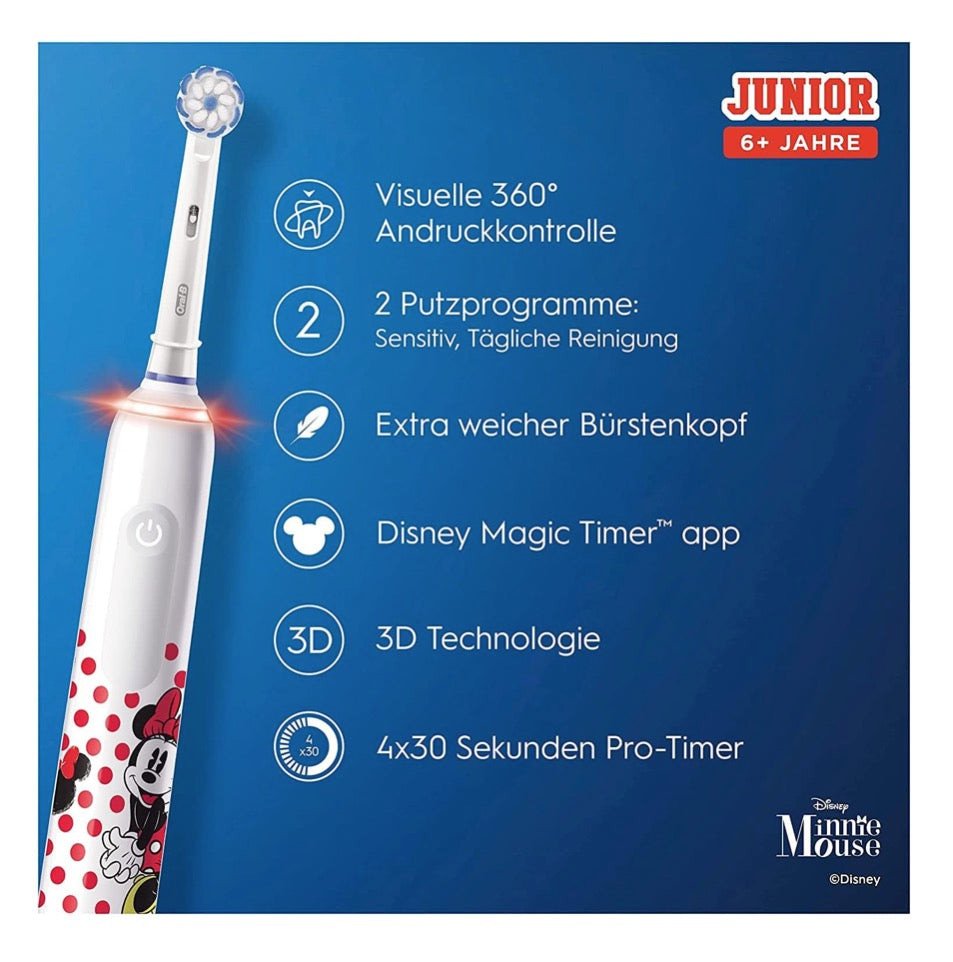 Oral-B Junior Minnie Mouse Brosse à dents électrique Brosse à dents électrique pour enfants de 6 ans et plus Contrôle de pression 360° 2 modes de brossage inclus, minuterie, blanc + 2 têtes de brosse