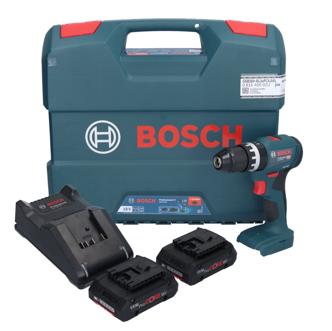 Bosch GSB 18V-45 Professional Akku Schlagbohrschrauber 18 V 45 Nm Brushless + 2x ProCORE Akku 4,0 Ah + Ladegerät + L-Case