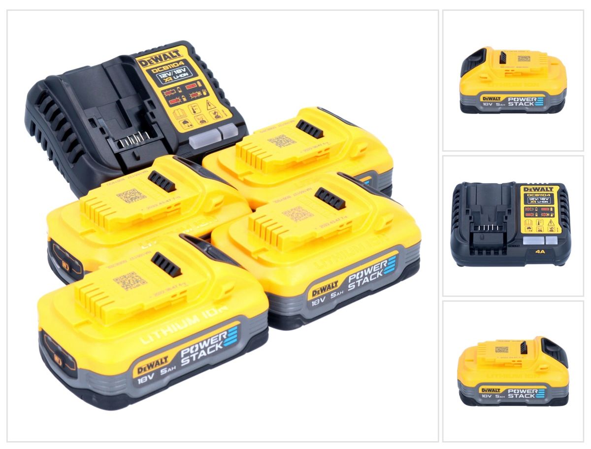 DeWalt DCB 1104 H4 kit de démarrage de batterie 12 V / 18 V 4x batterie Powerstack 5,0 Ah + chargeur DCB 1104