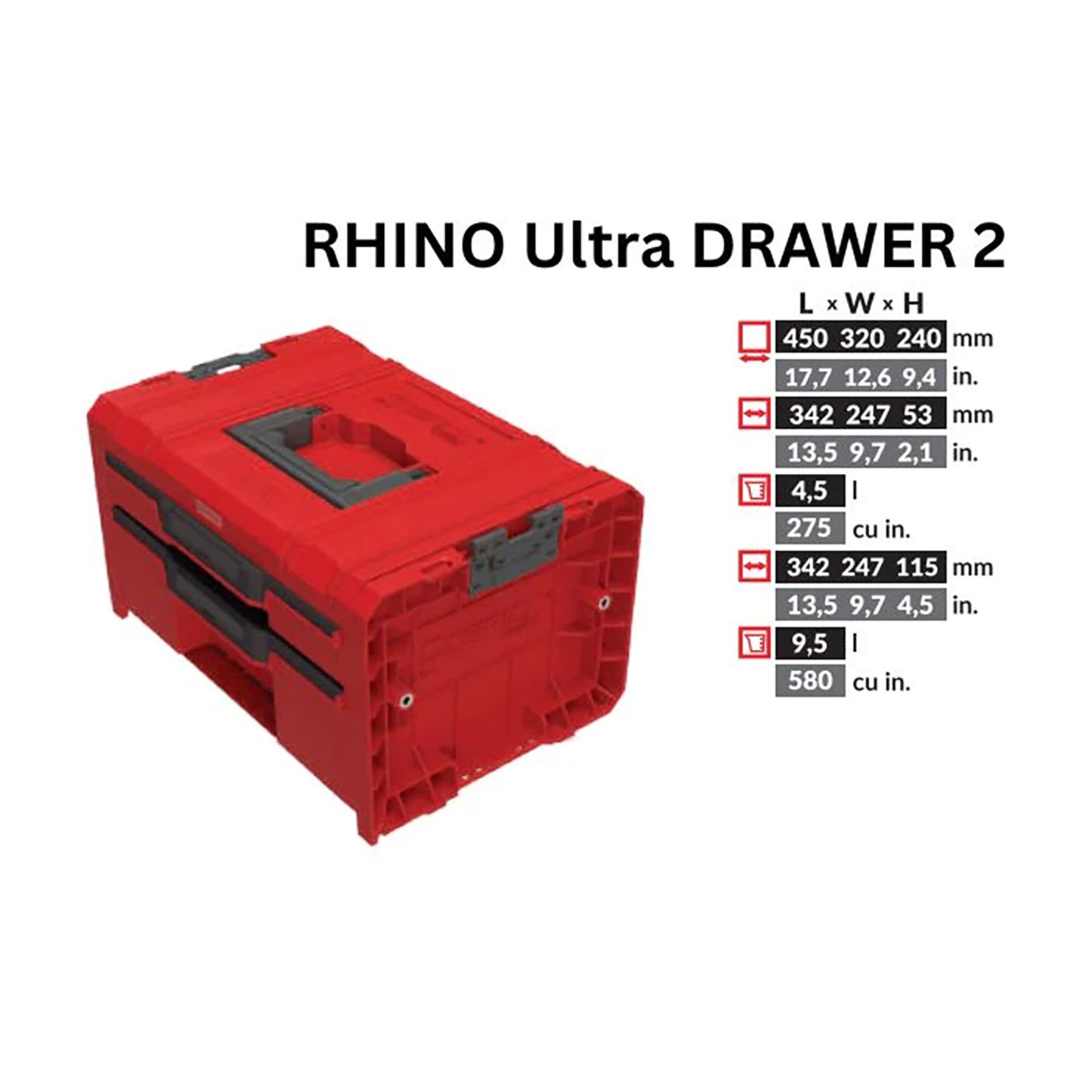 Toolbrothers RHINO L Drawer 2 ULTRA Organize+ Werkzeugkoffer 450 x 310 x 244 mm 14 l stapelbar IP54 mit 2 Schubladen
