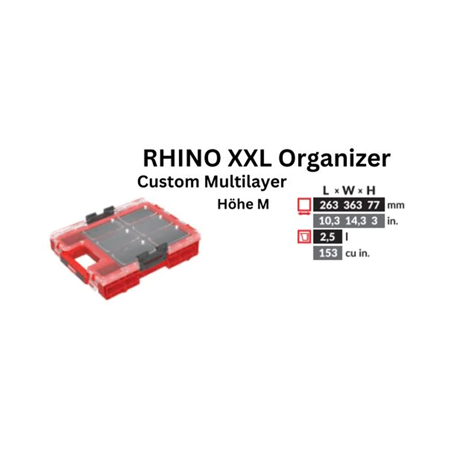 Toolbrothers RHINO XXL Organizer ULTRA Höhe M Custom Multilayer stapelbar 365 x 265 x 77 mm 2,5 l IP66 mit Schaumstoffeinlage