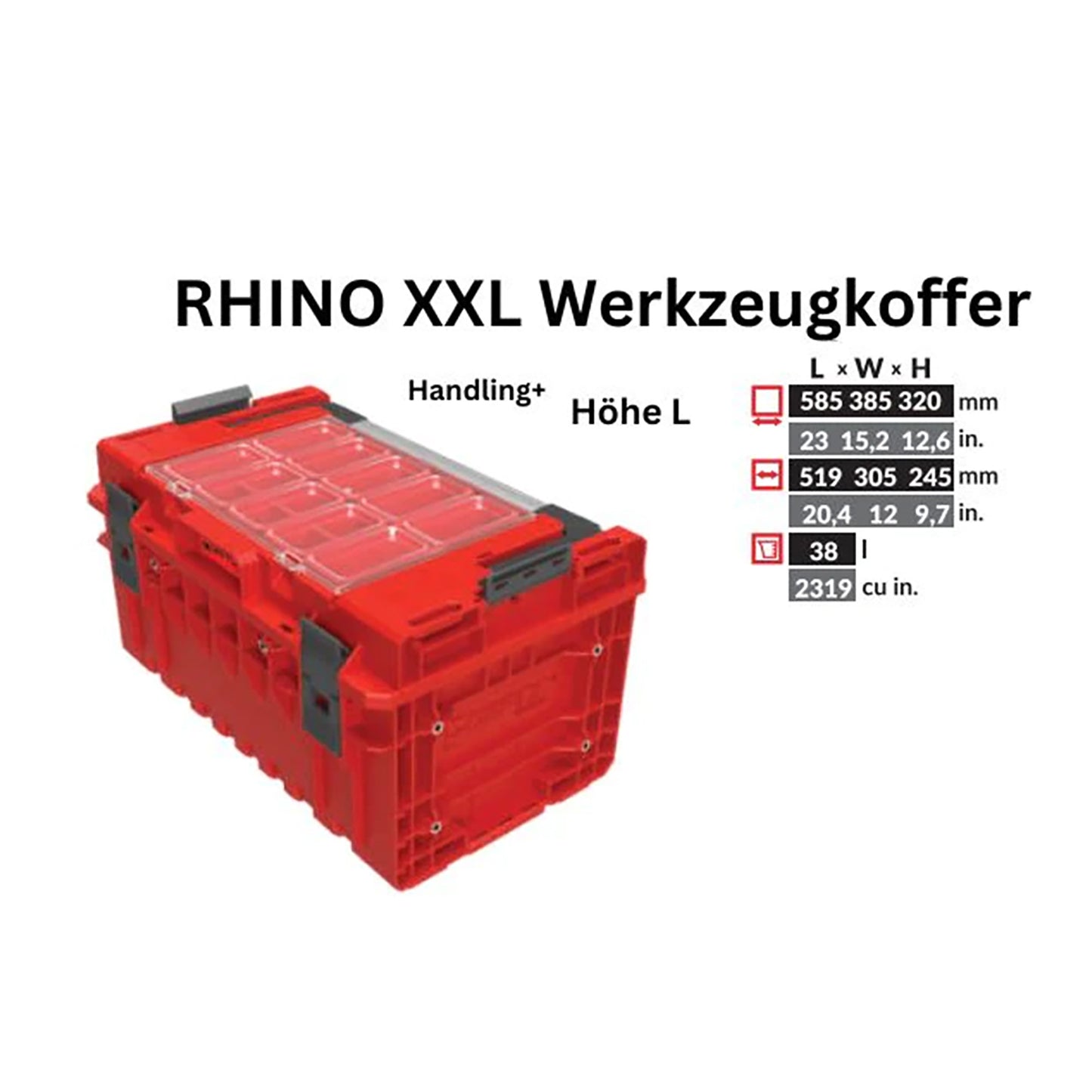 Toolbrothers RHINO XXL Werkzeugkoffer ULTRA Handling+ Höhe L Custom modularer Organizer 585 x 385 x 320 mm 38 l stapelbar IP66