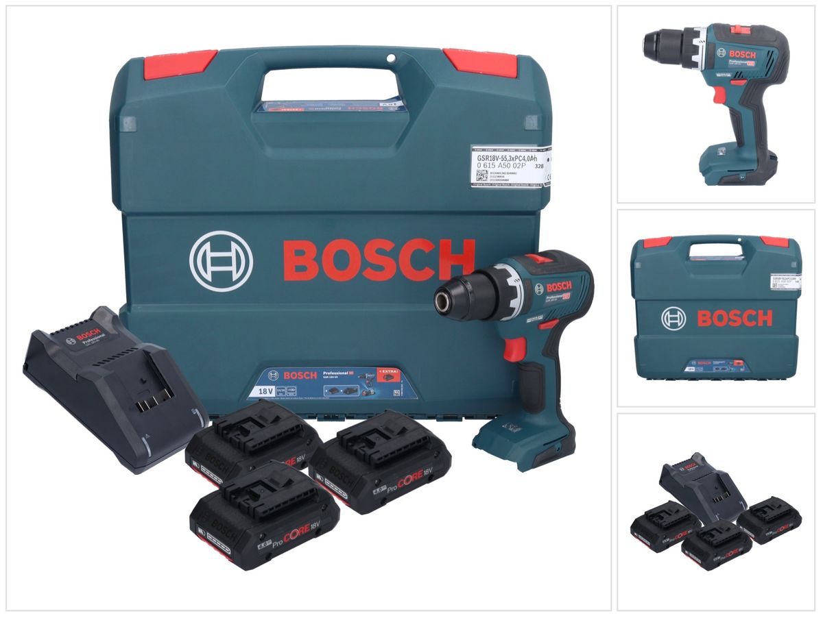 Bosch GSR 18V-55 Professional perceuse-visseuse sans fil 18 V 55 Nm sans balais (0615A5002P) + 3x batterie ProCORE 4,0 Ah + chargeur + mallette en L