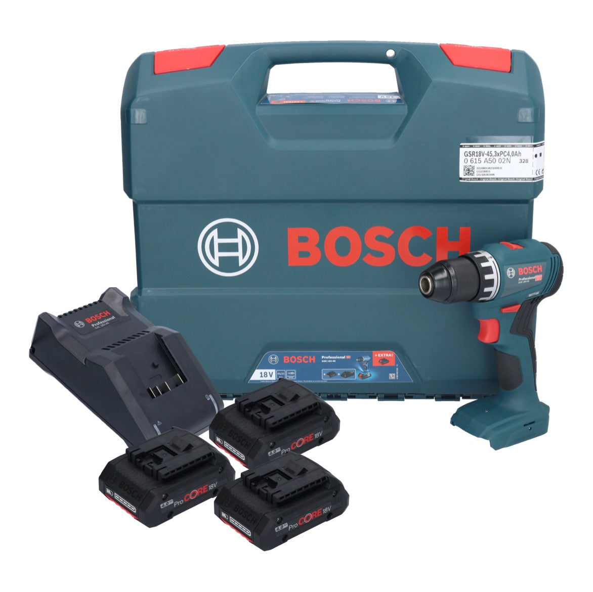 Bosch GSR 18V-45 Professional Akku Bohrschrauber 18 V 45 Nm Brushless ( 0615A5002N ) + 3x ProCORE Akku 4,0 Ah + Ladegerät + L-Case