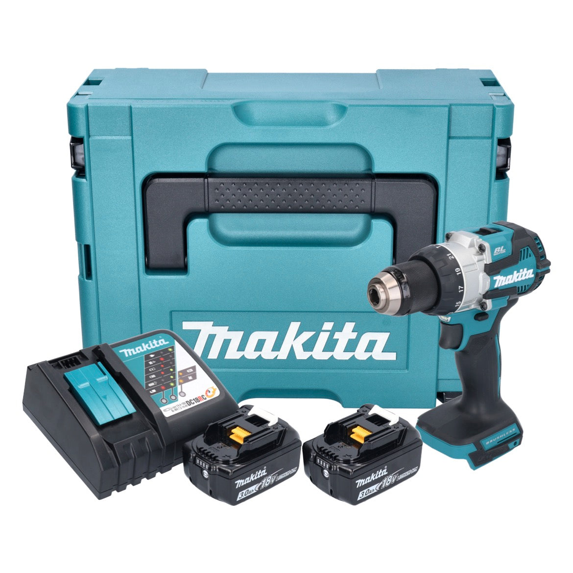 Makita DHP 489 RFJ Akku Schlagbohrschrauber 18 V 73 Nm Brushless + 2x Akku 3,0 Ah + Ladegerät + Makpac