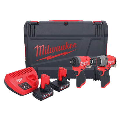 Milwaukee M12 FPP2A2-602X combo set (4933480588) Perceuse à percussion sur batterie M12 FPD2 45 Nm + Visseuse à percussion sur batterie M12 FID2 170 Nm 1/4" brushless + 2x batterie 6,0 Ah + chargeur + boîtier HD