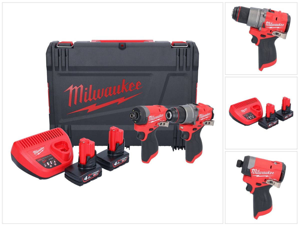 Milwaukee M12 FPP2A2-402X combo set (4933480587) perceuse à percussion sans fil M12 FPD2 45 Nm + clé à chocs sans fil M12 FID2 170 Nm 1/4" brushless + 2x batteries 4,0 Ah + chargeur + boîtier HD