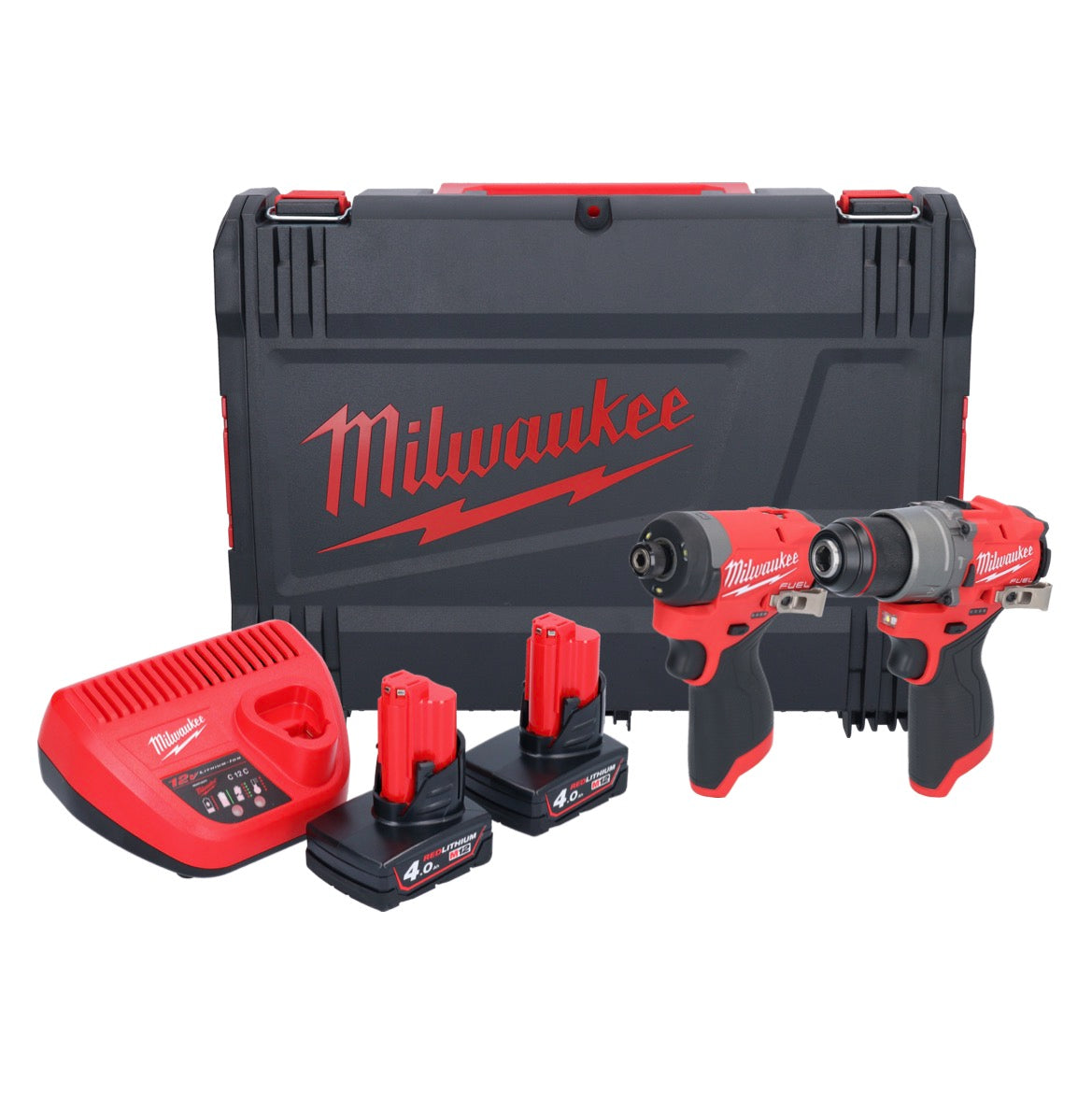 Milwaukee M12 FPP2A2-402X combo set (4933480587) perceuse à percussion sans fil M12 FPD2 45 Nm + clé à chocs sans fil M12 FID2 170 Nm 1/4" brushless + 2x batteries 4,0 Ah + chargeur + boîtier HD