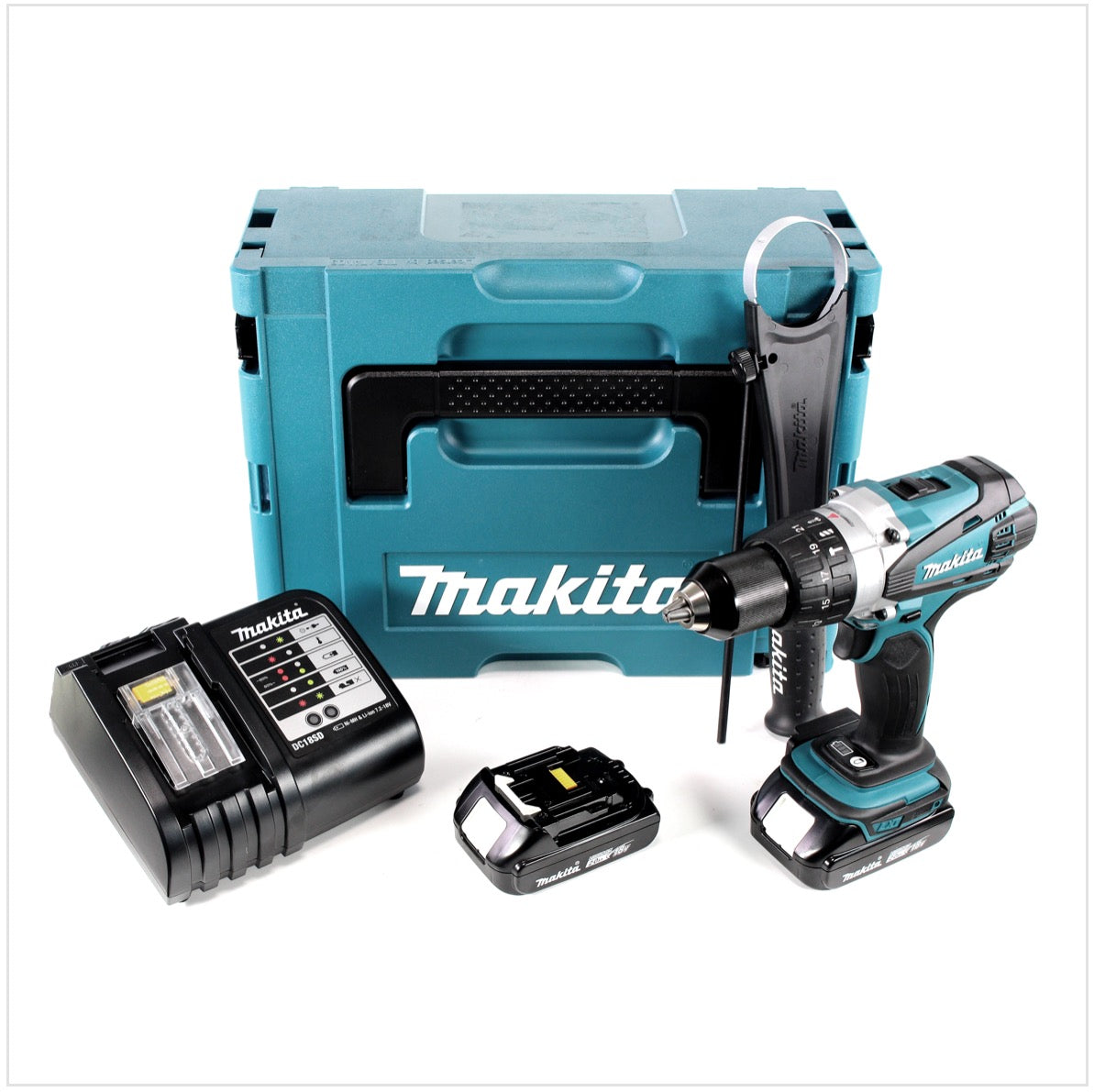 Makita DHP 458 SAJ Akku Schlagbohrschrauber 18 V 91 Nm + 2x Akku 2,0 Ah + Ladegerät + Makpac - Toolbrothers