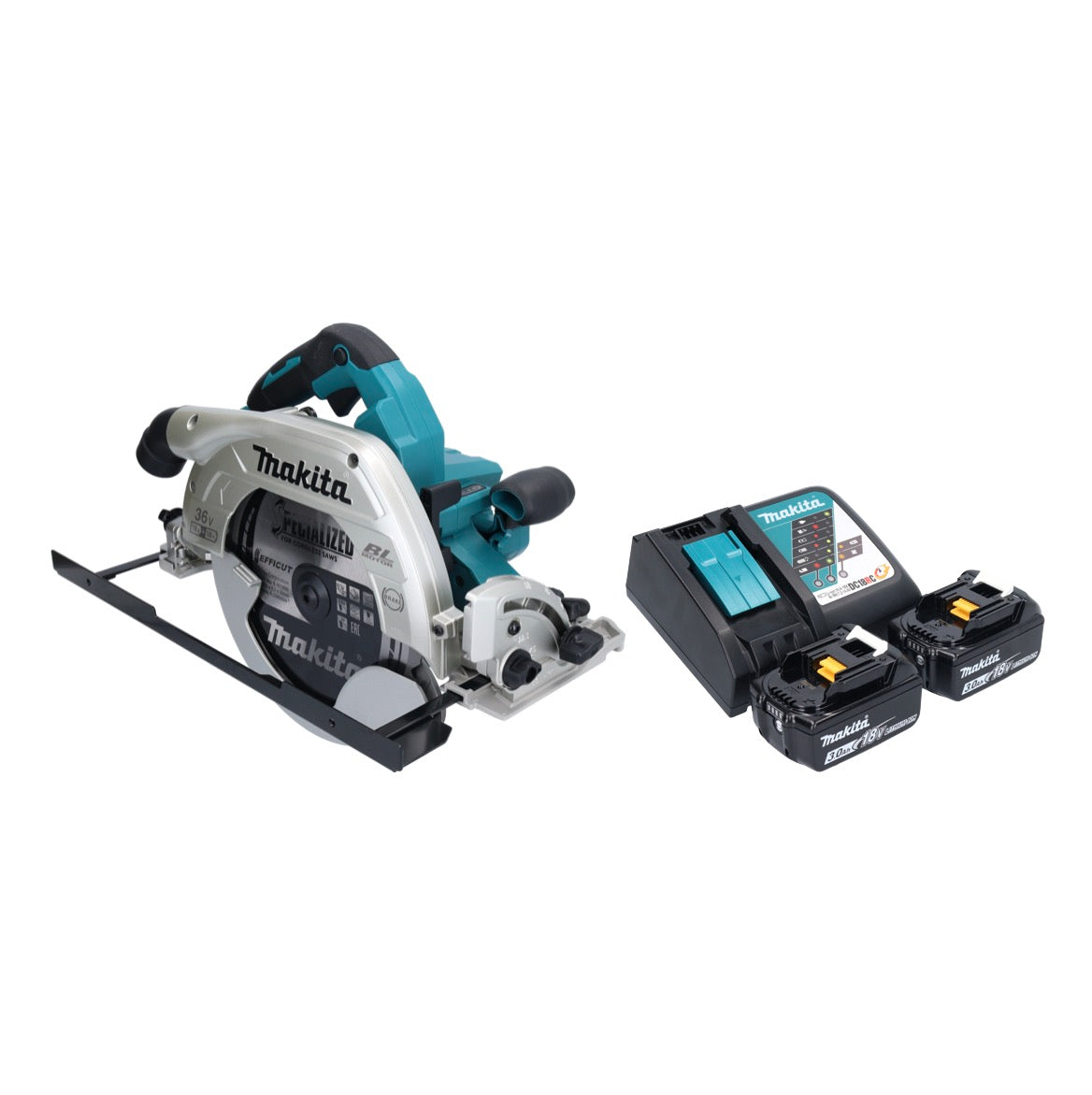 Makita DHS 900 RF2U Akku Handkreissäge 36 V ( 2x 18 V ) 235 mm Brushless + 2x Akku 3,0 Ah + Ladegerät + Bluetooth Adapter