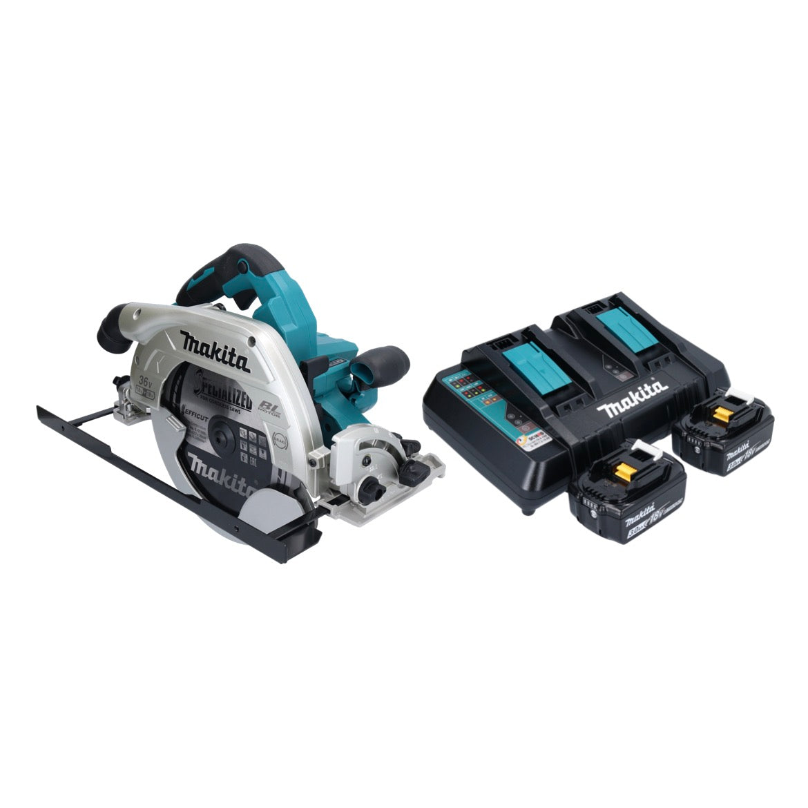 Makita DHS 900 PF2U Akku Handkreissäge 36 V ( 2x 18 V ) 235 mm Brushless + 2x Akku 3,0 Ah + Doppel Ladegerät + Bluetooth Adapter