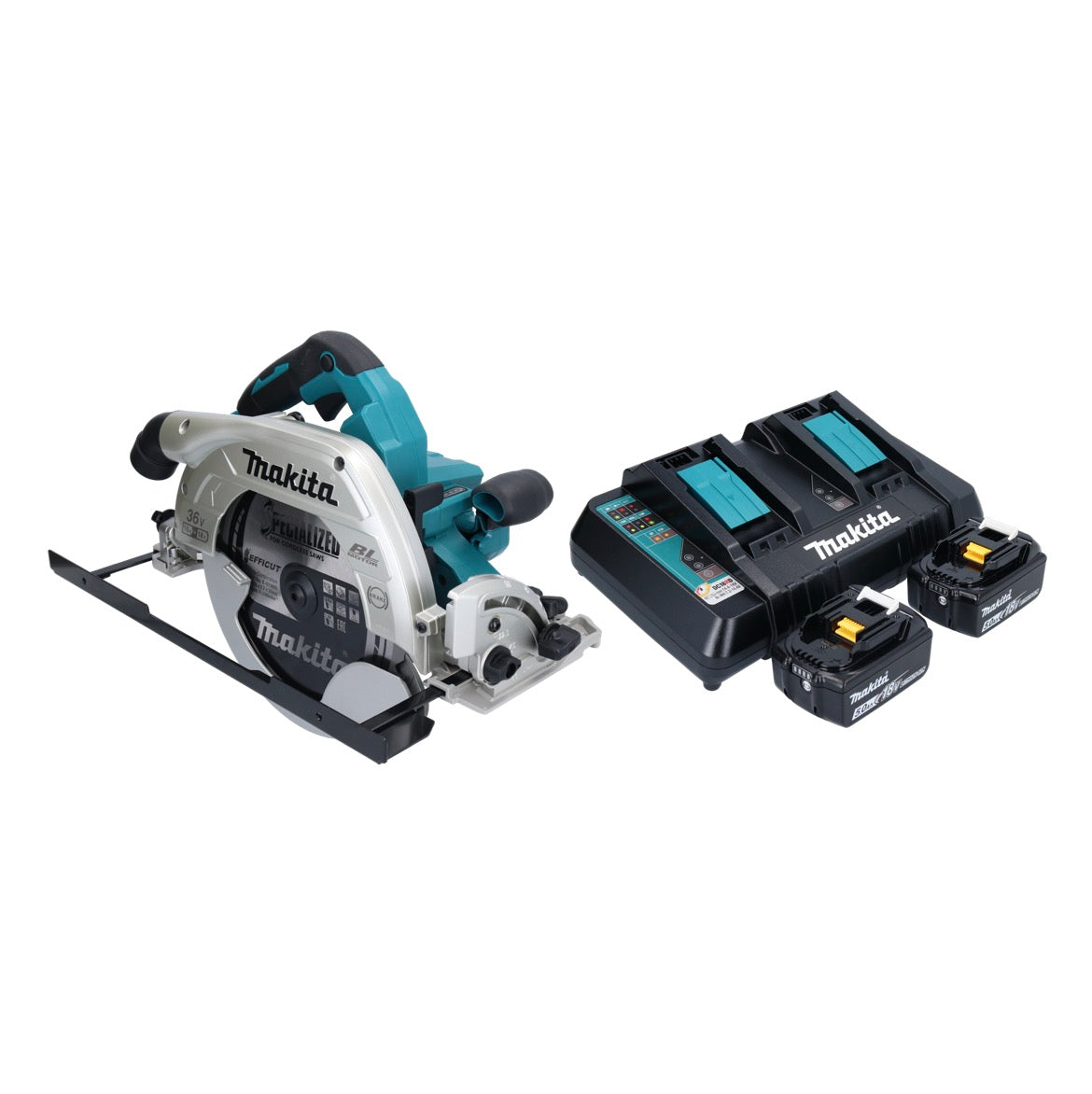 Makita DHS 900 PT2U Akku Handkreissäge 36 V ( 2x 18 V ) 235 mm Brushless + 2x Akku 5,0 Ah + Doppel Ladegerät + Bluetooth Adapter