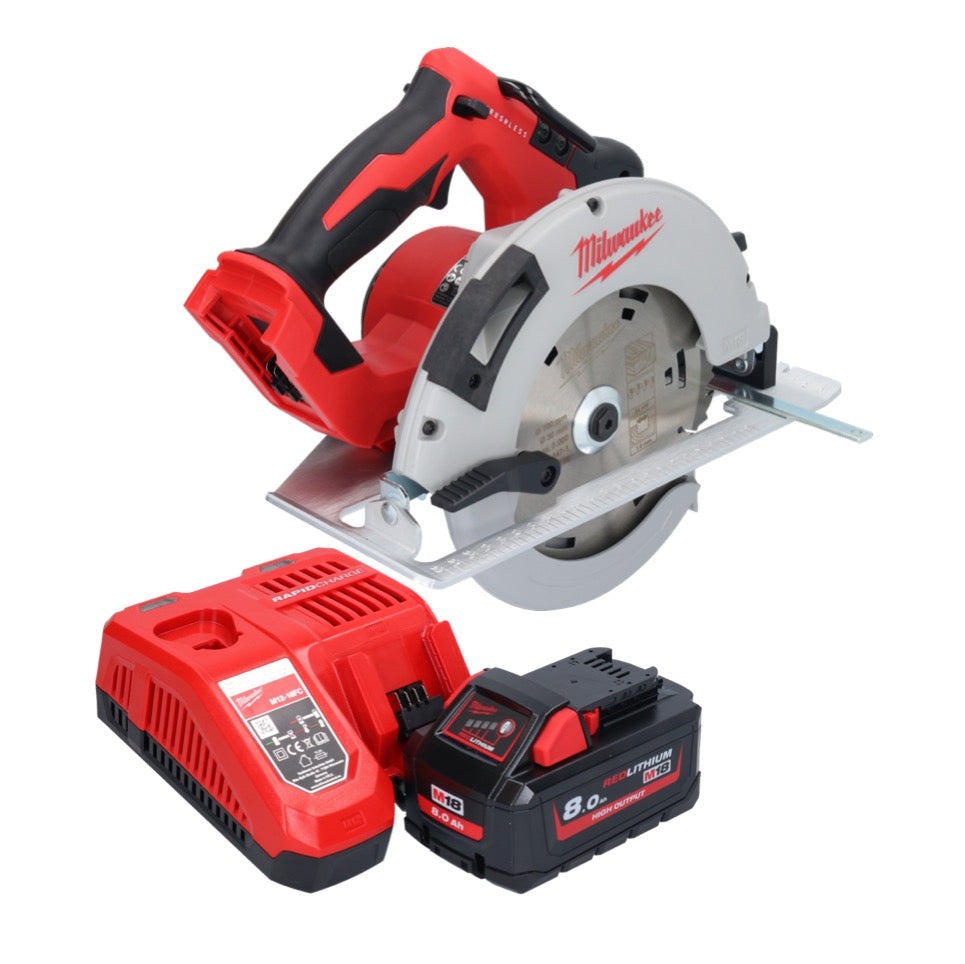 Scie circulaire manuelle à batterie Milwaukee M18 BLCS66-801 18 V 190 mm sans balais + 1x batterie 8,0 Ah + chargeur