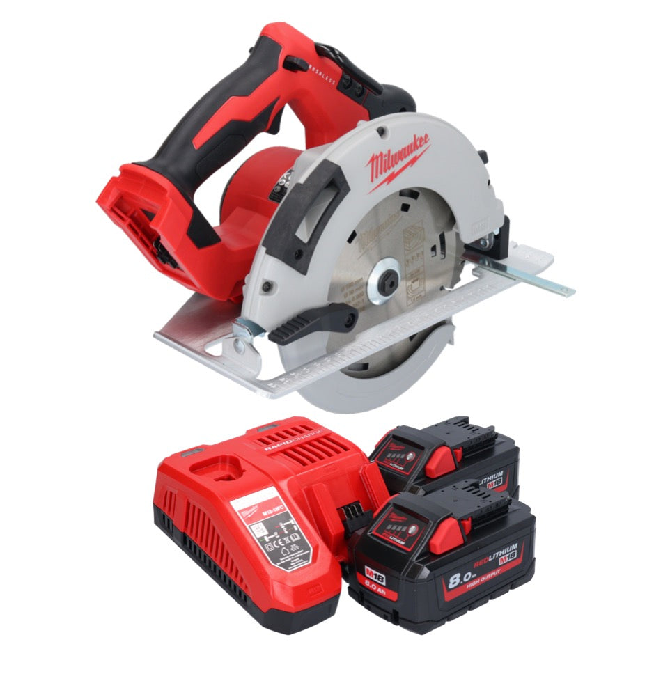 Scie circulaire manuelle à batterie Milwaukee M18 BLCS66-802 18 V 190 mm sans balais + 2x batteries 8,0 Ah + chargeur