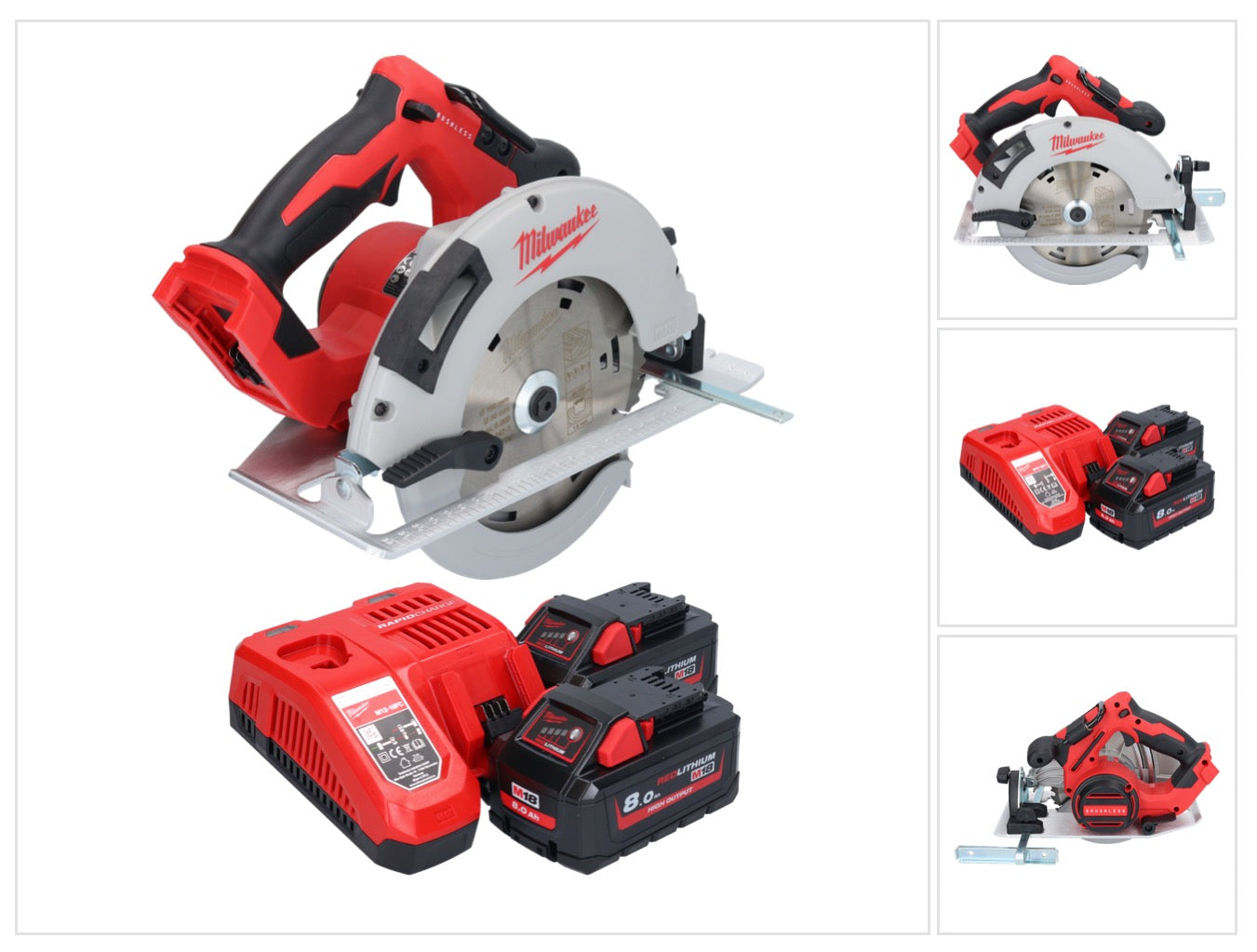 Scie circulaire manuelle à batterie Milwaukee M18 BLCS66-802 18 V 190 mm sans balais + 2x batteries 8,0 Ah + chargeur