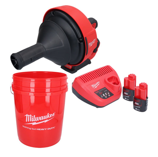 Appareil de nettoyage de tuyaux sur batterie Milwaukee M12 BDC6-202C 12 V + 2x batteries 2,0 Ah + chargeur + spirale + seau