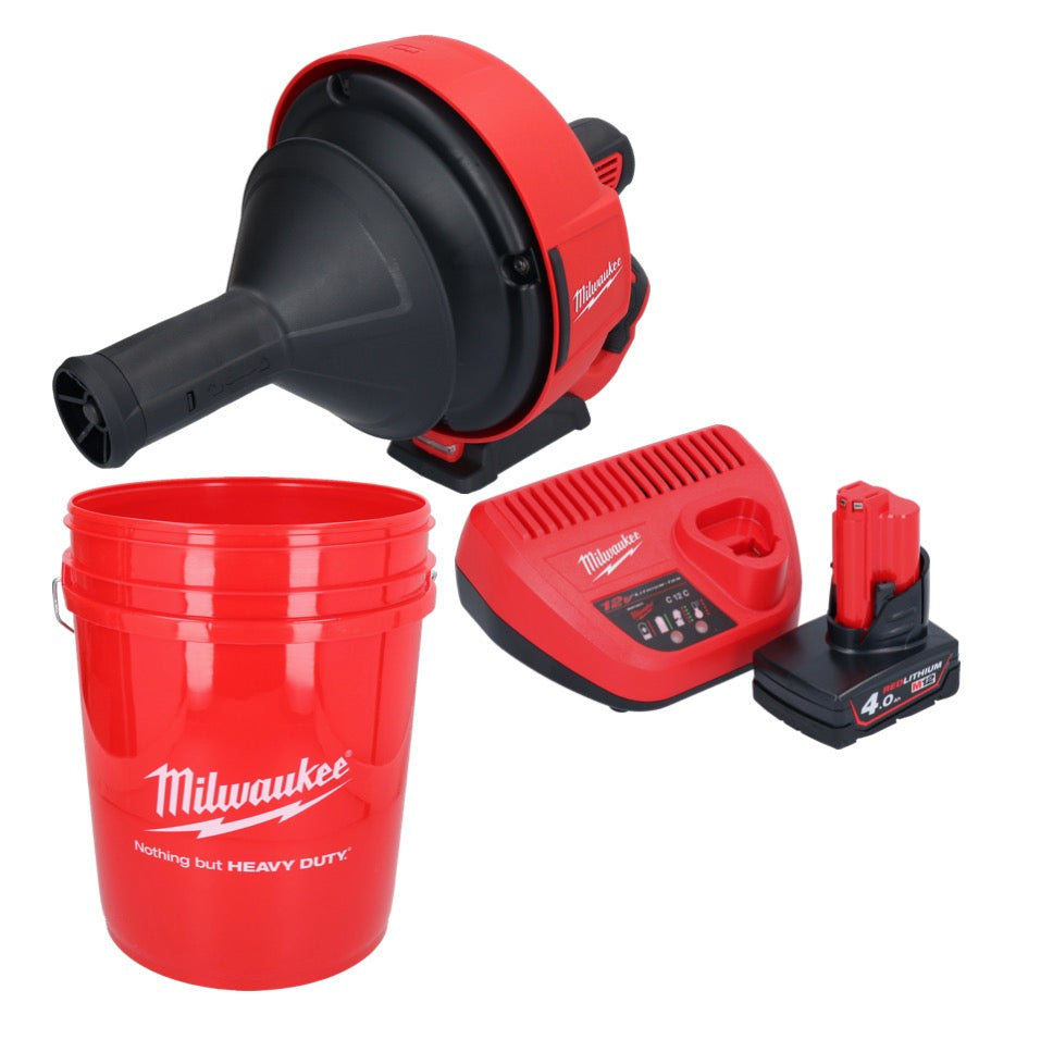 Appareil de nettoyage de tuyaux sur batterie Milwaukee M12 BDC6-401C 12 V + 1x batterie 4,0 Ah + chargeur + spirale + seau