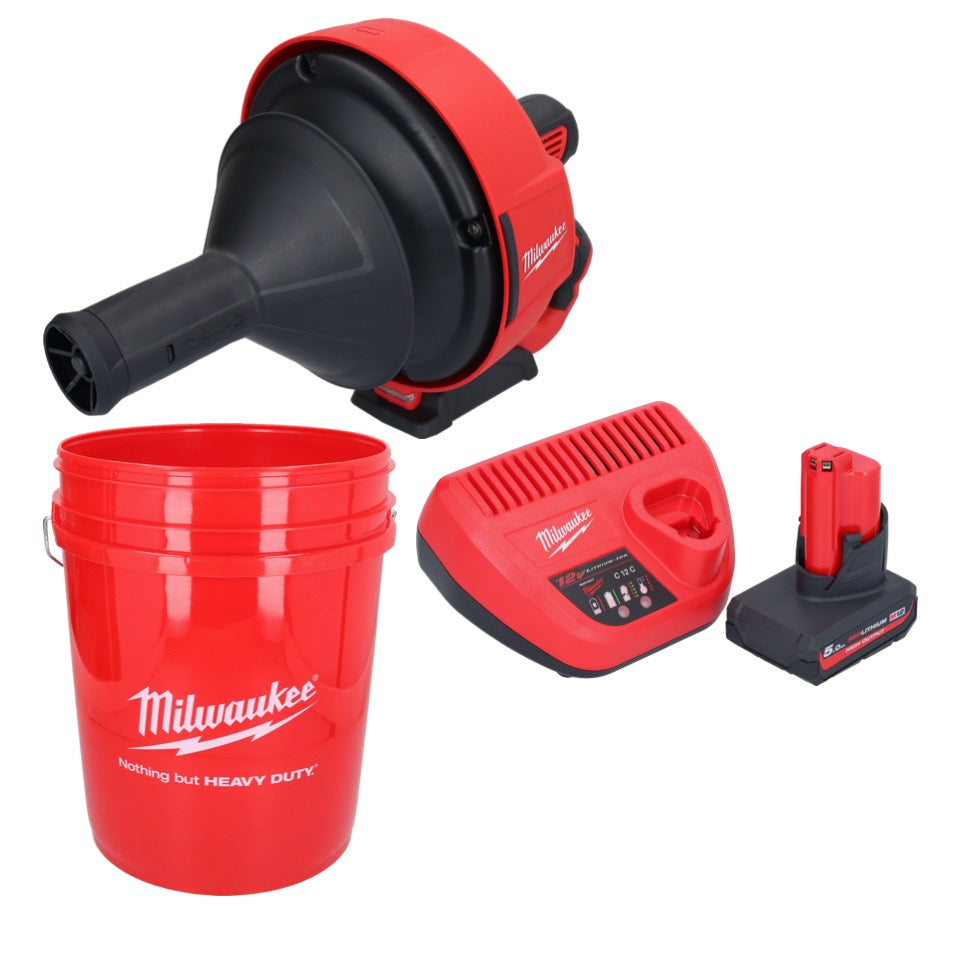 Milwaukee M12 BDC6-501C Akku Rohrreinigungsgerät 12 V + 1x Akku 5,0 Ah + Ladegerät + Spirale + Eimer