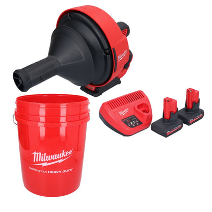 Appareil de nettoyage de tuyaux sur batterie Milwaukee M12 BDC6-502C 12 V + 2x batteries 5,0 Ah + chargeur + spirale + seau