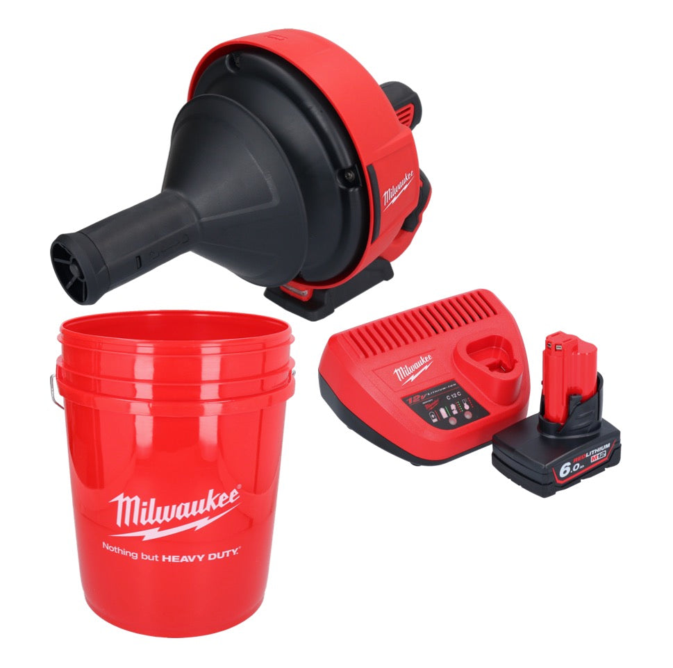 Appareil de nettoyage de tuyaux sur batterie Milwaukee M12 BDC6-601C 12 V + 1x batterie 6,0 Ah + chargeur + spirale + seau