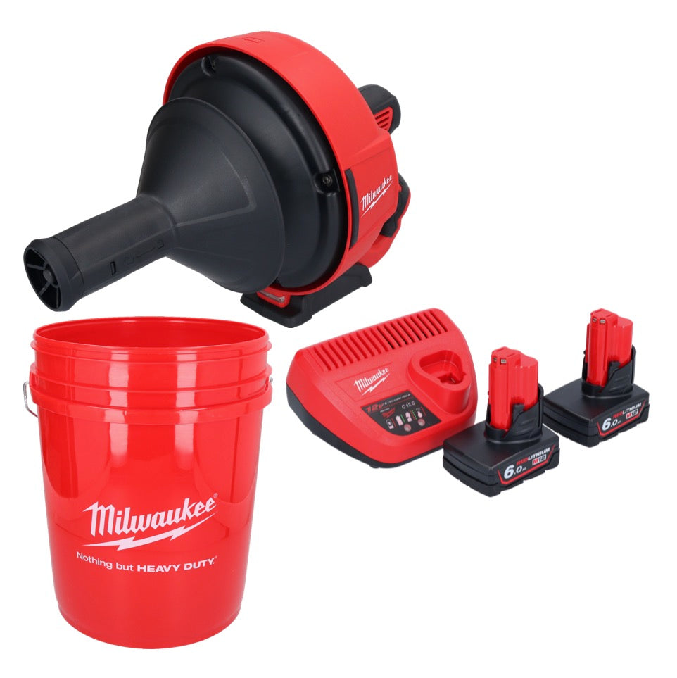 Appareil de nettoyage de tuyaux sur batterie Milwaukee M12 BDC6-602C 12 V + 2x batteries 6,0 Ah + chargeur + spirale + seau