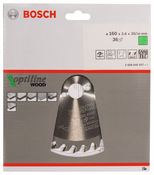 Lame de scie circulaire BOSCH Optiline Wood diamètre extérieur 160 mm nombre de dents 36 WZ (4000815437)