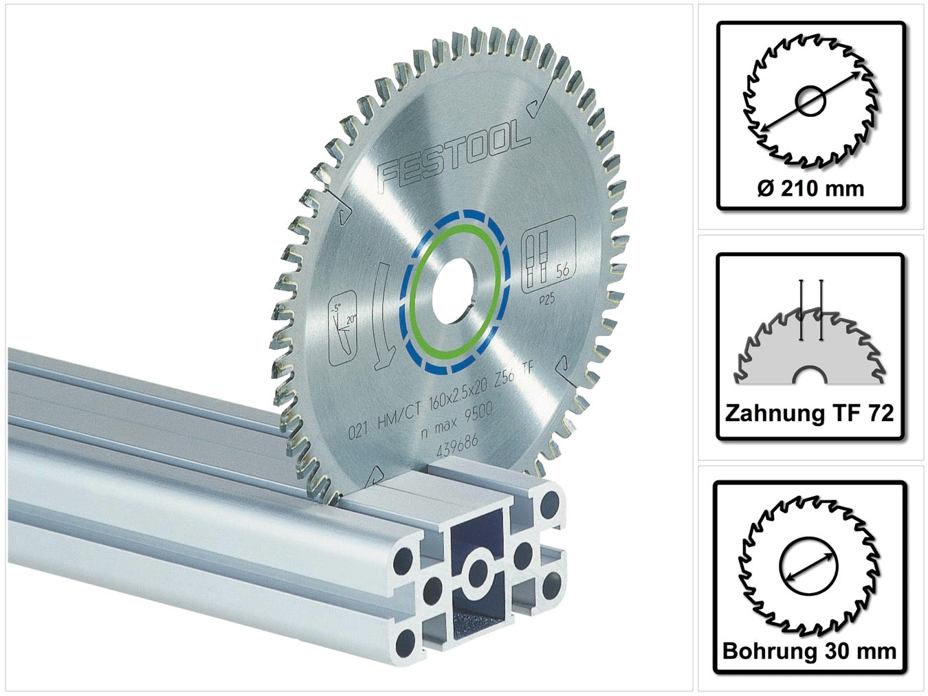 Festool HW 210x2,4x30 TF72 Kreissägeblatt ALUMINIUM / PLASTICS ( 493201 ) 210 x 2,4 x 30 mm 72 Zähne für Aluminiumplatten und -profile, Plexiglas, harte und faserverstärkte Kunststoffe