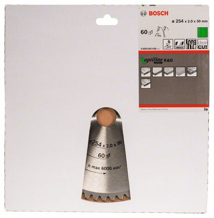 Lame de scie circulaire BOSCH Optiline Wood diamètre extérieur 254 mm nombre de dents 60 WZ/N (8000342023)