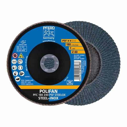 Rondelle dentée PFERD POLIFAN Z PSF STEELOX Ø 180 mm grain 40 conique (4000843245)