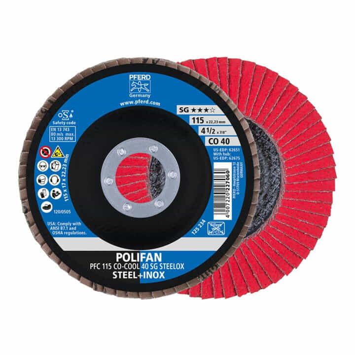 Rondelle dentelée PFERD POLIFAN CO-COOL SG STEELOX Ø 125 mm grain 40 conique (4000842614)