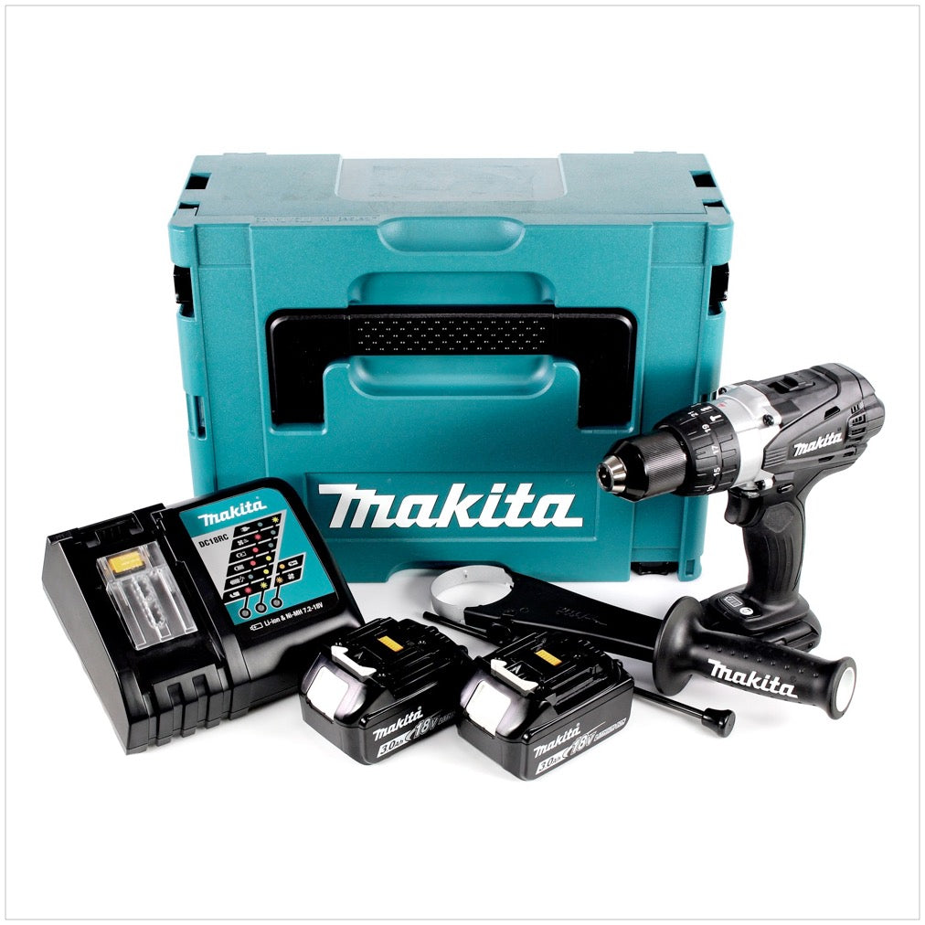 Makita DHP 458 RFJB Akku Schlagbohrschrauber 18 V 91Nm Schwarz im Makpac + 2x 3,0 Ah Akku + Ladegerät - Toolbrothers