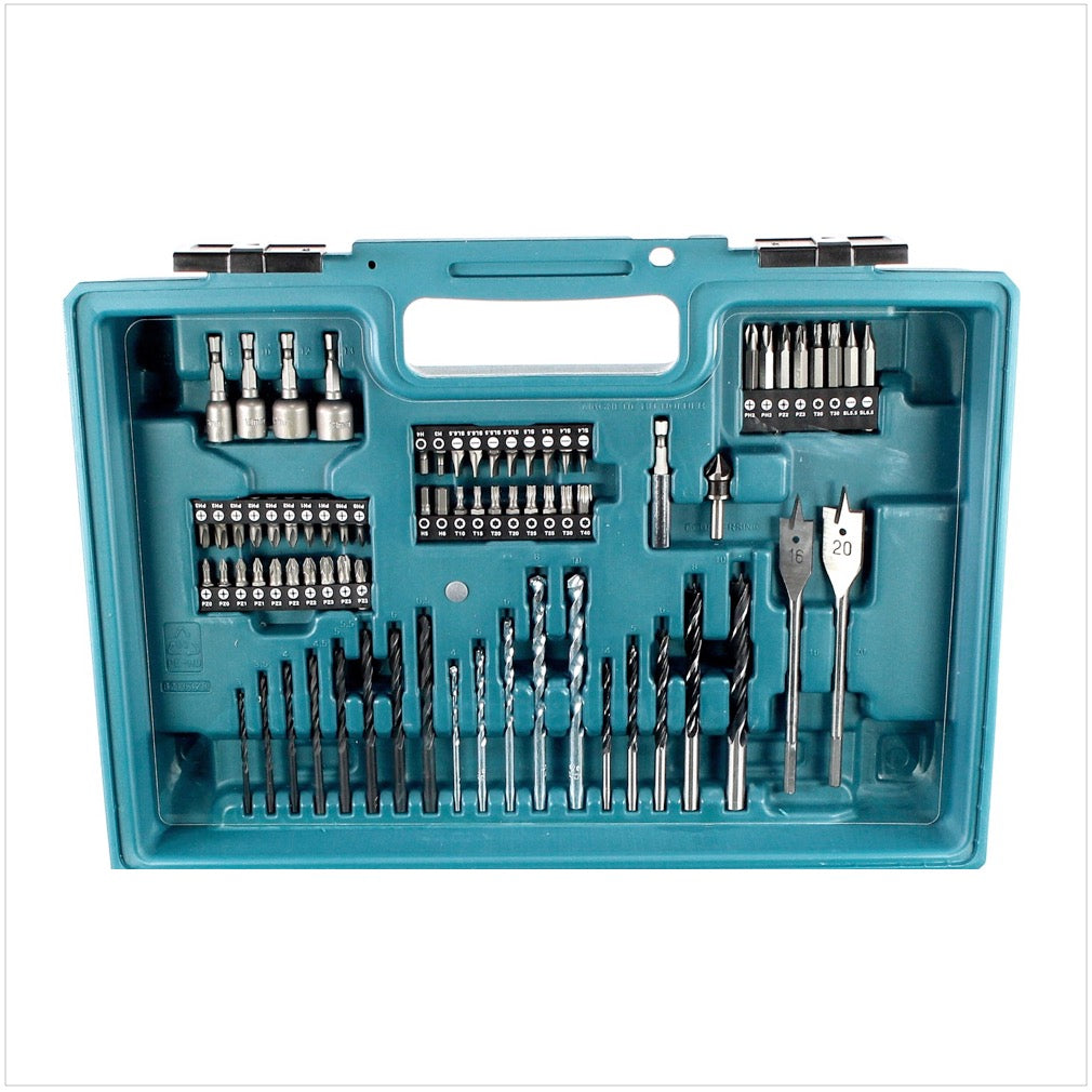 Makita HP 347 DX 100 14,4 V Akku Schlagbohrschrauber im Transportkoffer mit 74 tlg. Zubehör + 2x 1,3 Ah Akkus und DC 18 WA Ladegerät - Toolbrothers