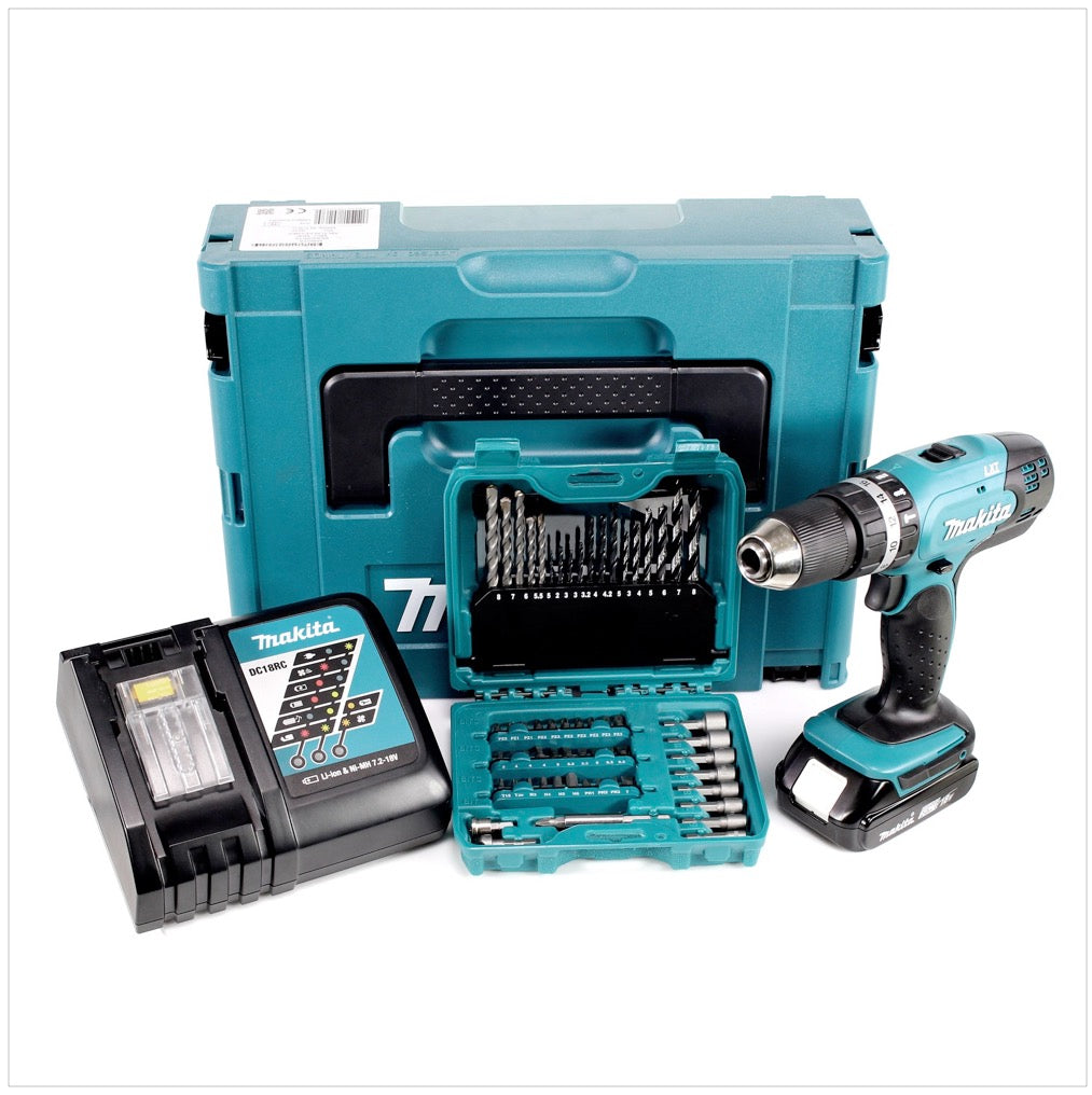 Makita DHP 453 RA1J Akku Schlagbohrschrauber 18 V 42 Nm + 1x Akku 2,0 Ah + Ladegerät + 60 tlg. Bit Bohrer Set + Makpac - Toolbrothers