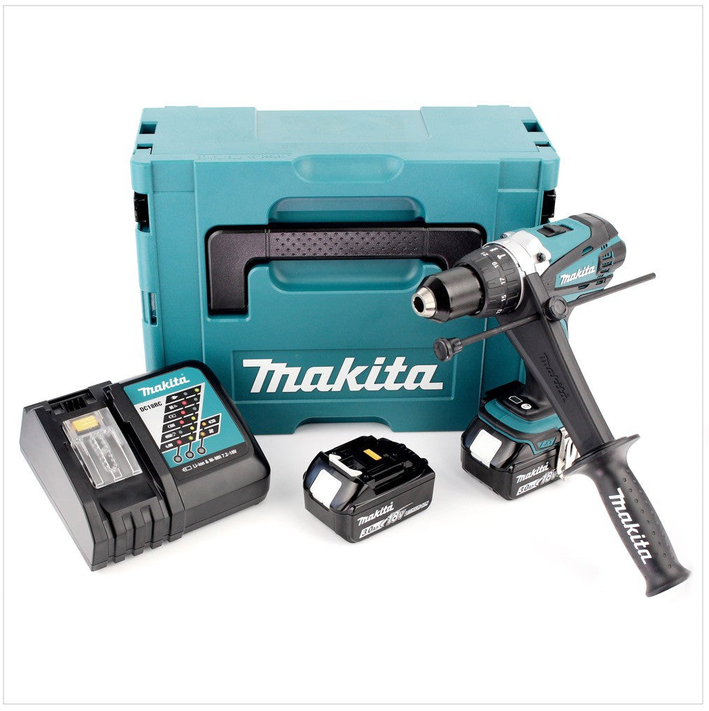 Makita DHP 458 RFJ Akku Schlagbohrschrauber 18V 91Nm im Makpac + 2x 3 Ah Akku + Ladegerät + 60 tlg. Bit und Bohrer Set - Toolbrothers