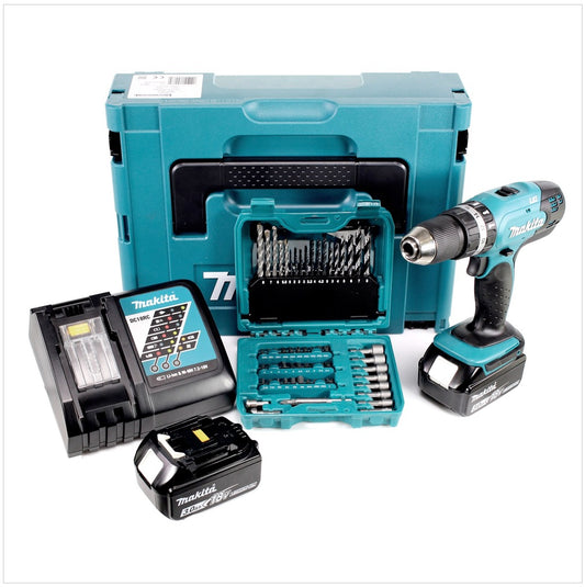 Makita DHP 453 RFJ Akku Schlagbohrschrauber 18V 42Nm im MAKPAC + 2x 3 Ah Akku + Ladegerät + 60 tlg. Bit und Bohrer Set - Toolbrothers