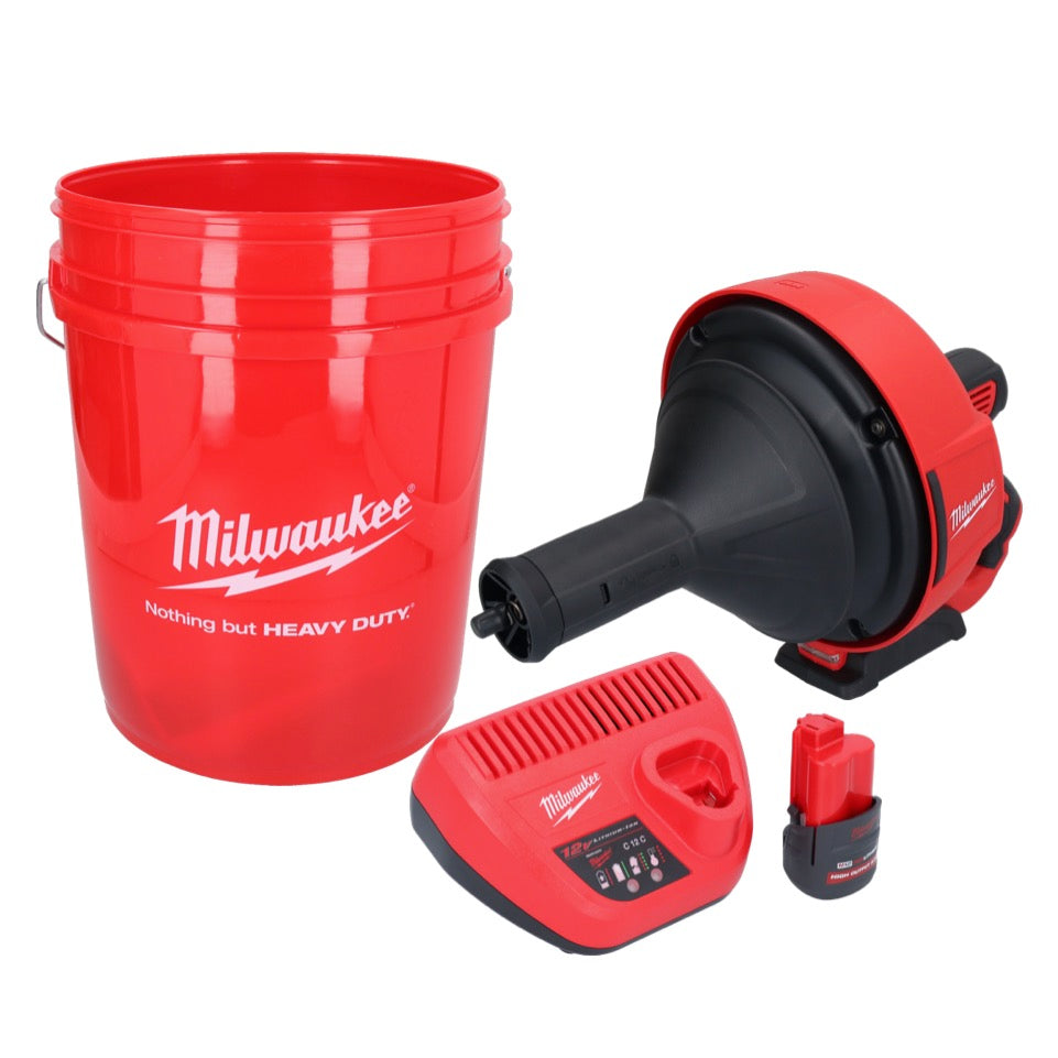 Milwaukee M12 BDC8-251C Akku Rohrreinigungsgerät 12 V + 1x Akku 2,5 Ah + Ladegerät + Spirale + Eimer