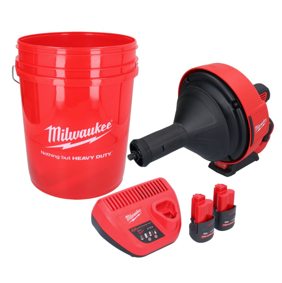 Milwaukee M12 BDC8-252C Akku Rohrreinigungsgerät 12 V + 2x Akku 2,5 Ah + Ladegerät + Spirale + Eimer