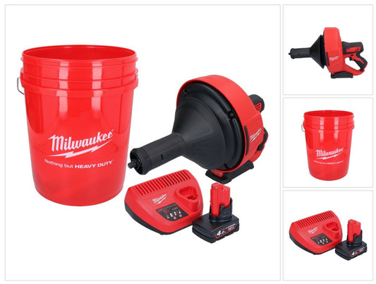 Milwaukee M12 BDC8-401C Akku Rohrreinigungsgerät 12 V + 1x Akku 4,0 Ah + Ladegerät + Spirale + Eimer