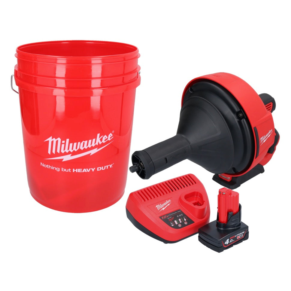 Milwaukee M12 BDC8-401C Akku Rohrreinigungsgerät 12 V + 1x Akku 4,0 Ah + Ladegerät + Spirale + Eimer