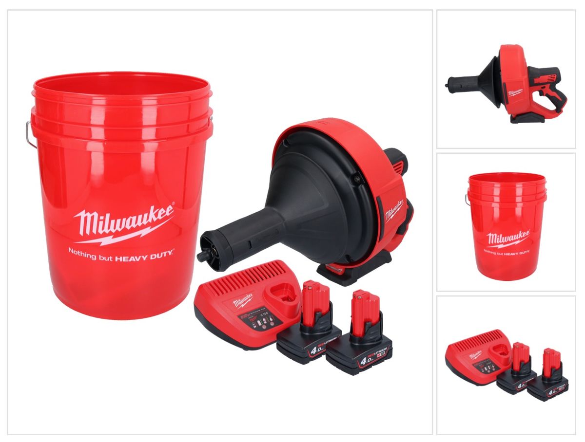 Appareil de nettoyage de tuyaux sur batterie Milwaukee M12 BDC8-402C 12 V + 2x batteries 4,0 Ah + chargeur + spirale + seau