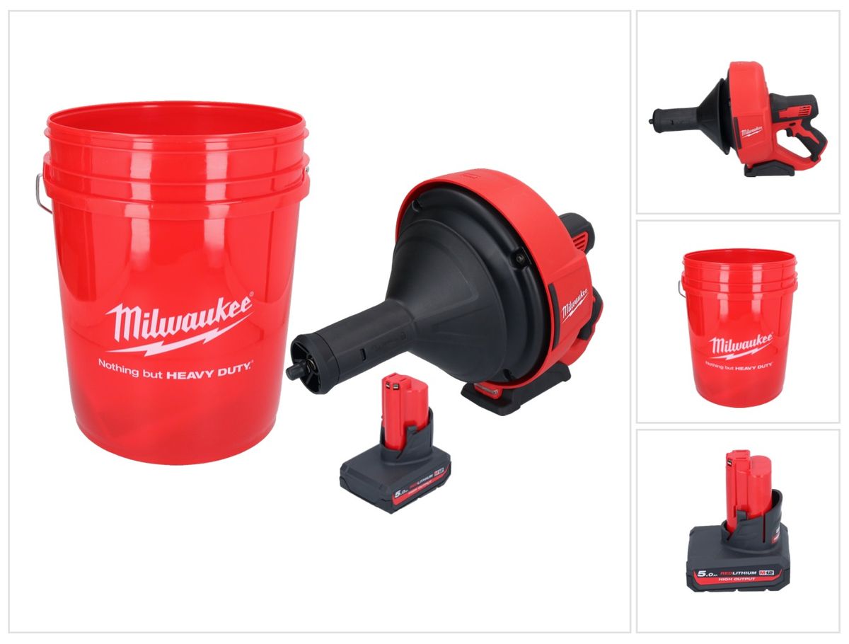 Appareil de nettoyage de tuyaux sur batterie Milwaukee M12 BDC8-501C 12 V + 1x batterie 5,0 Ah + spirale + seau - sans chargeur