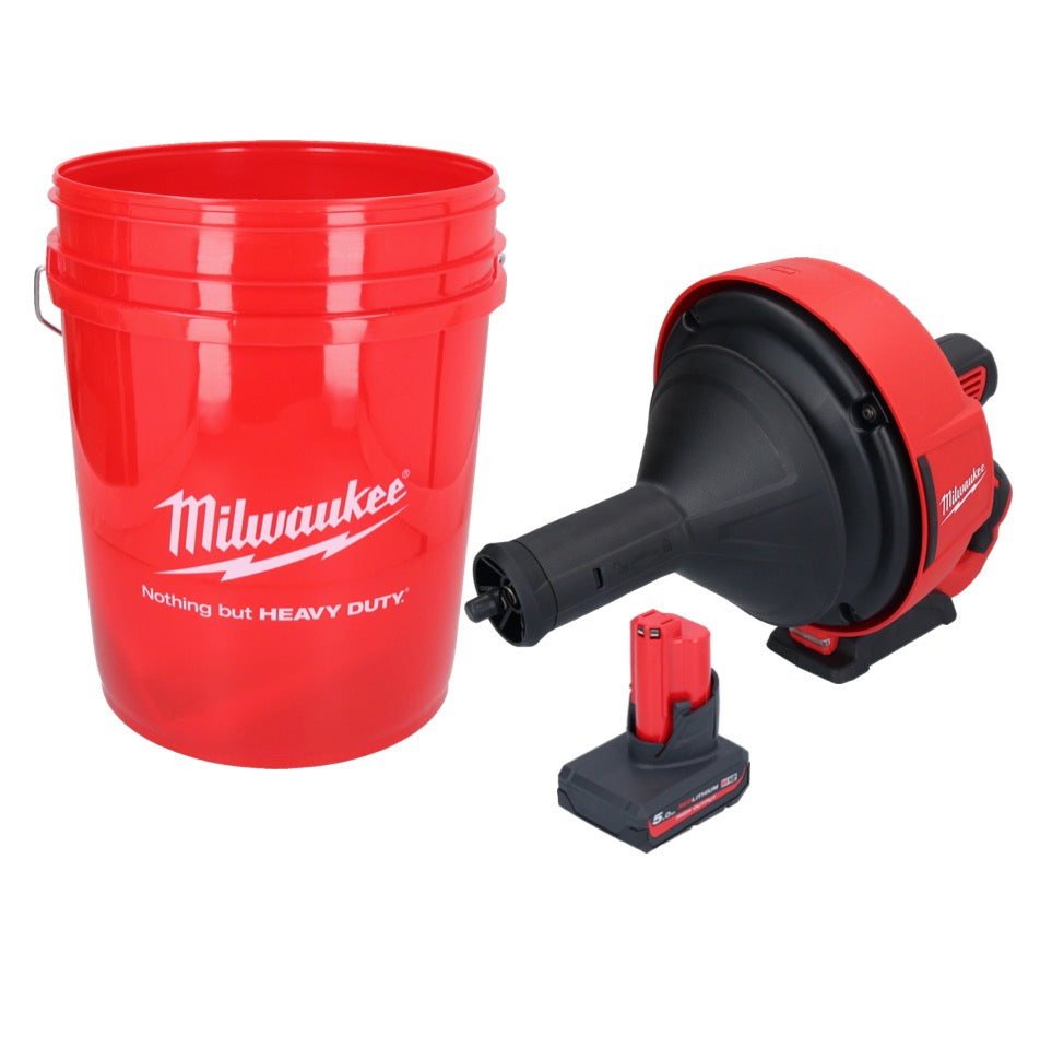 Appareil de nettoyage de tuyaux sur batterie Milwaukee M12 BDC8-501C 12 V + 1x batterie 5,0 Ah + spirale + seau - sans chargeur