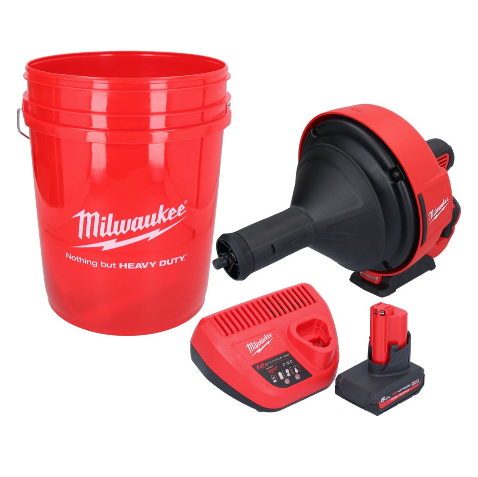 Milwaukee M12 BDC8-501C Akku Rohrreinigungsgerät 12 V + 1x Akku 5,0 Ah + Ladegerät + Spirale + Eimer