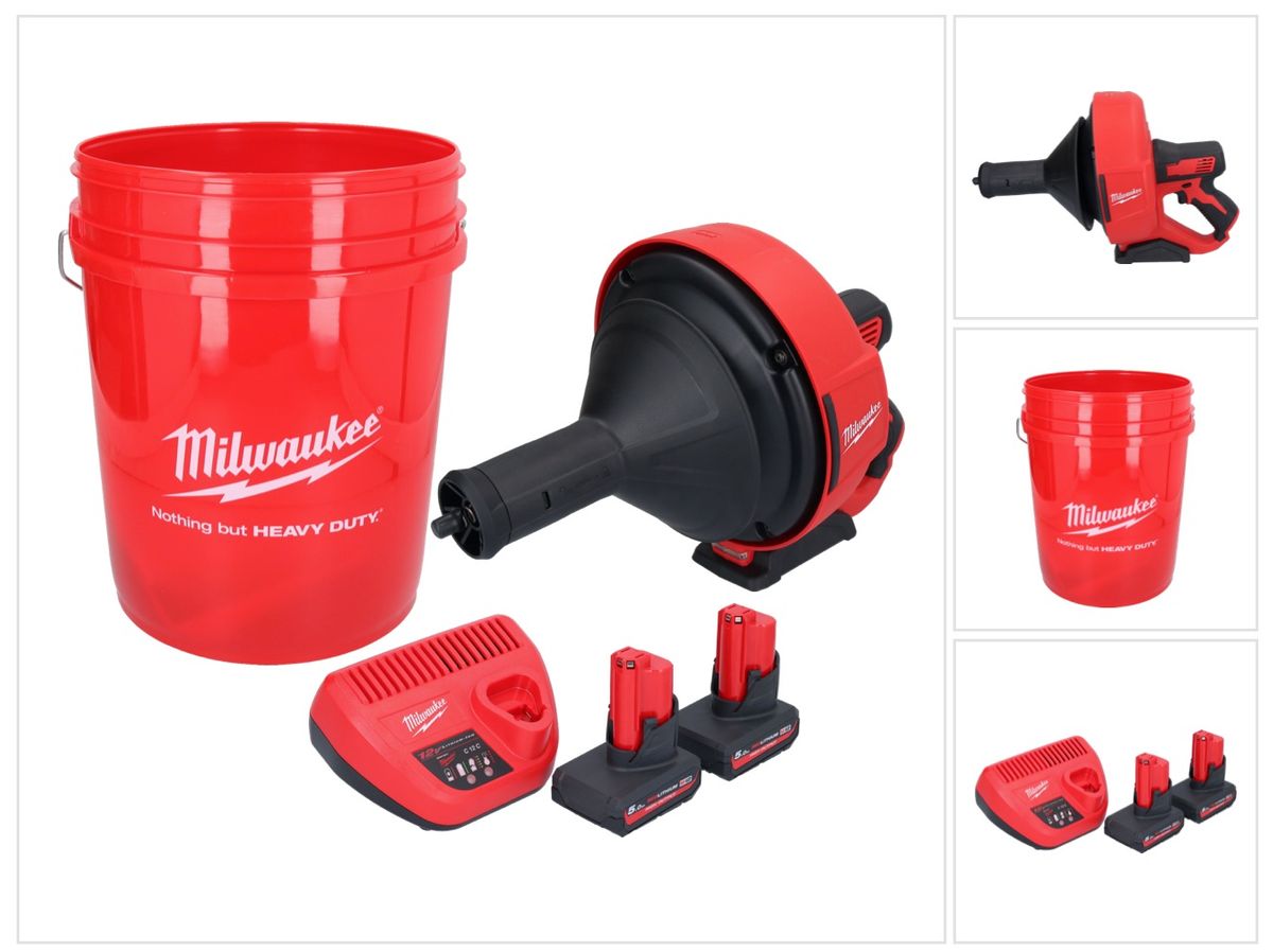 Milwaukee M12 BDC8-502C Akku Rohrreinigungsgerät 12 V + 2x Akku 5,0 Ah + Ladegerät + Spirale + Eimer