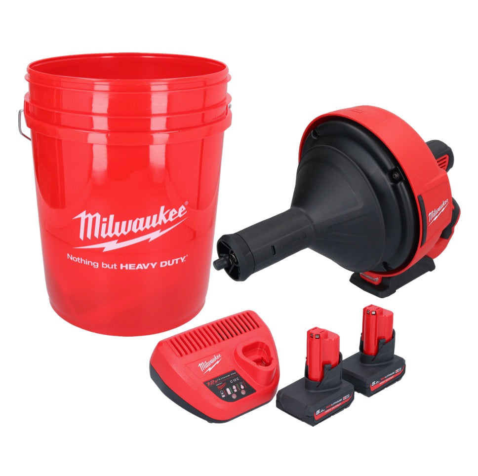 Appareil de nettoyage de tuyaux sur batterie Milwaukee M12 BDC8-502C 12 V + 2x batteries 5,0 Ah + chargeur + spirale + seau