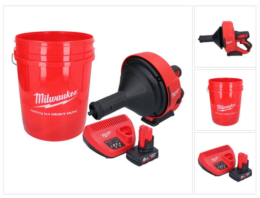 Milwaukee M12 BDC8-601C Akku Rohrreinigungsgerät 12 V + 1x Akku 6,0 Ah + Ladegerät + Spirale + Eimer