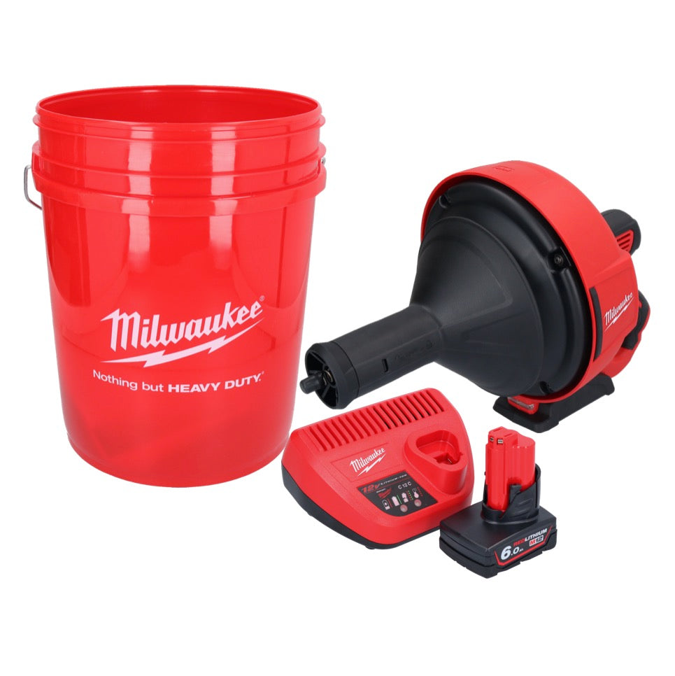 Milwaukee M12 BDC8-601C Akku Rohrreinigungsgerät 12 V + 1x Akku 6,0 Ah + Ladegerät + Spirale + Eimer