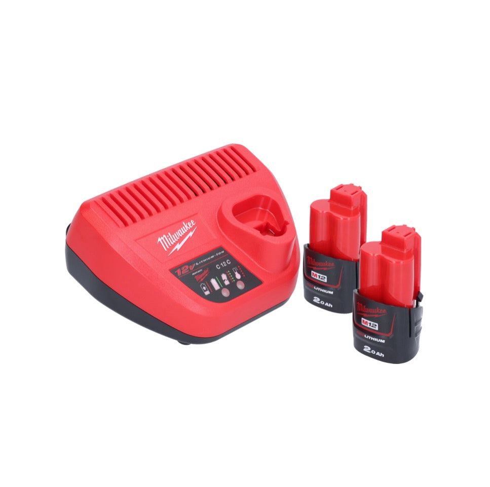 Dégrossisseur de pneu à batterie Milwaukee M12 FTB-202 12 V 7/16" Hex Brushless + 2x batterie 2,0 Ah + chargeur