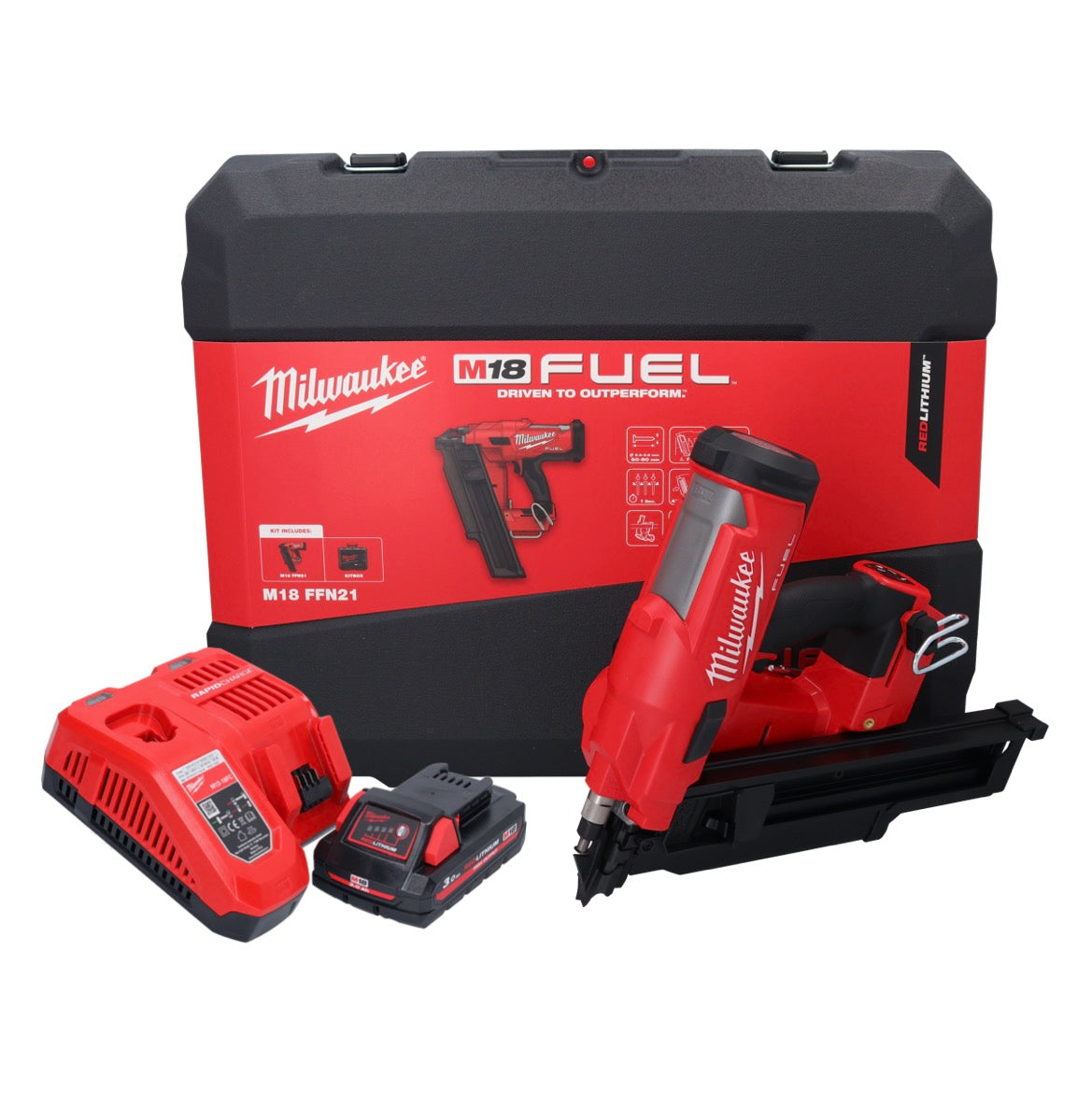 Cloueur à batterie Milwaukee M18 FFN21-301C 18 V 50 - 90 mm sans balais + 1x batterie 3,0 Ah + chargeur + coffret