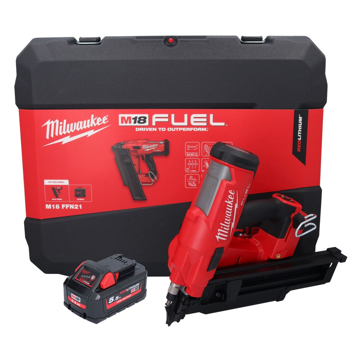 Cloueur à batterie Milwaukee M18 FFN21-551C 18 V 50 - 90 mm sans balais + 1x batterie 5,5 Ah + coffret - sans chargeur